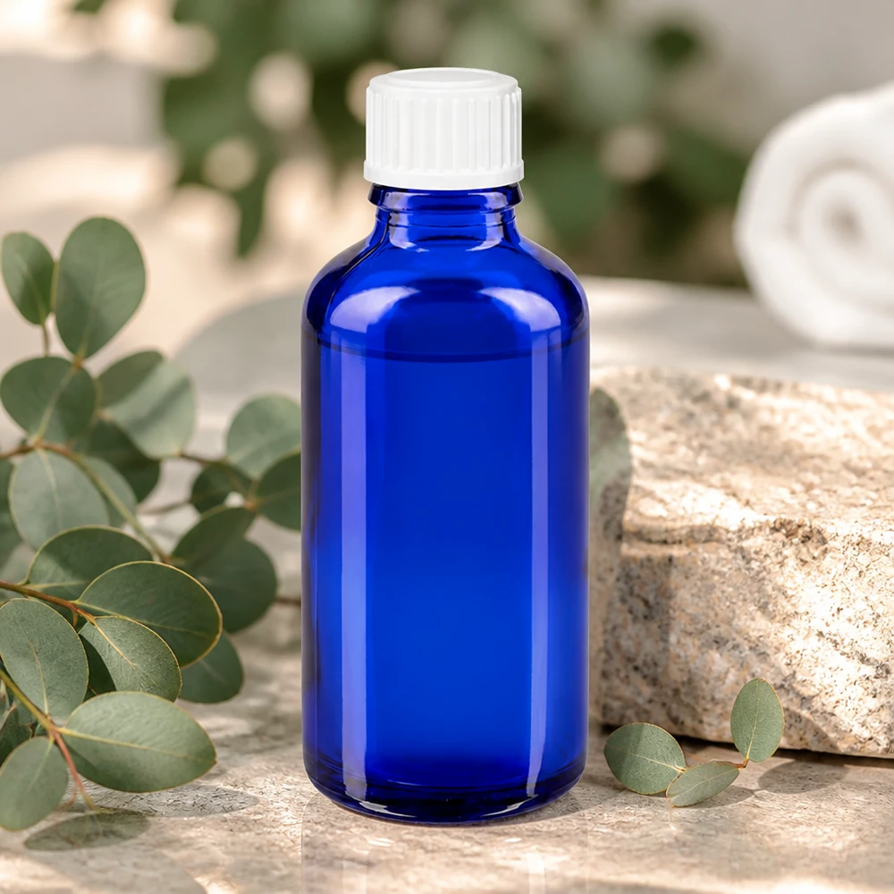 Flacone da farmacia da 50 ml color blu cobalto con tappo di sicurezza per bambini bianco, in vetro borosilicato