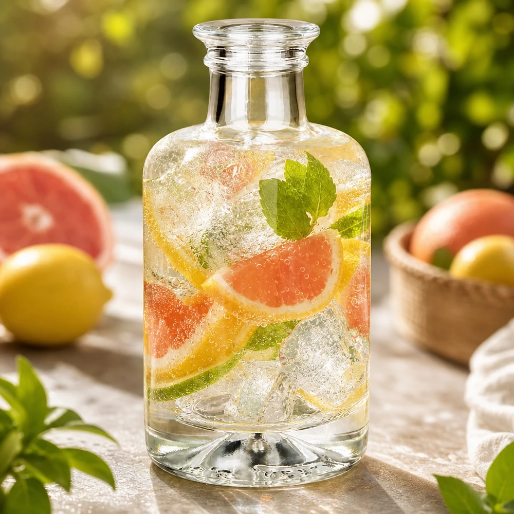 Flacone farmaceutico da 100 ml Sofia senza tappo UNiTWIST® Bottiglia in vetro Sofia da 100 ml riempita con acqua infusa al pompelmo e menta e ghiaccio Ambiente esterno con agrumi