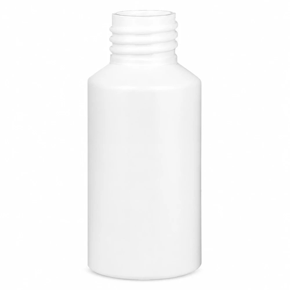 Piccola bottiglia bianca in plastica da 50 ml in HDPE, adatta per laboratori e farmacie