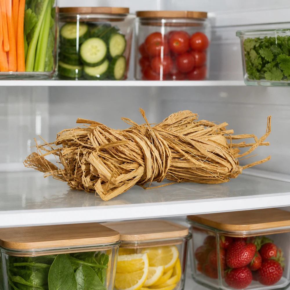 La rafia naturale 30g beige dorato, conservata in frigorifero accanto alle verdure, è un pratico contenitore per materiali artigianali.