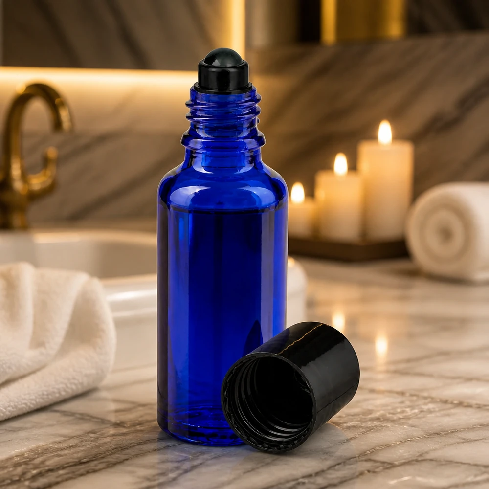Flacone roll-on 30ml blu STD nero ApoGlas Flacone roll-on da 30 ml in vetro da farmacia di colore blu cobalto con applicatore a sfera nero