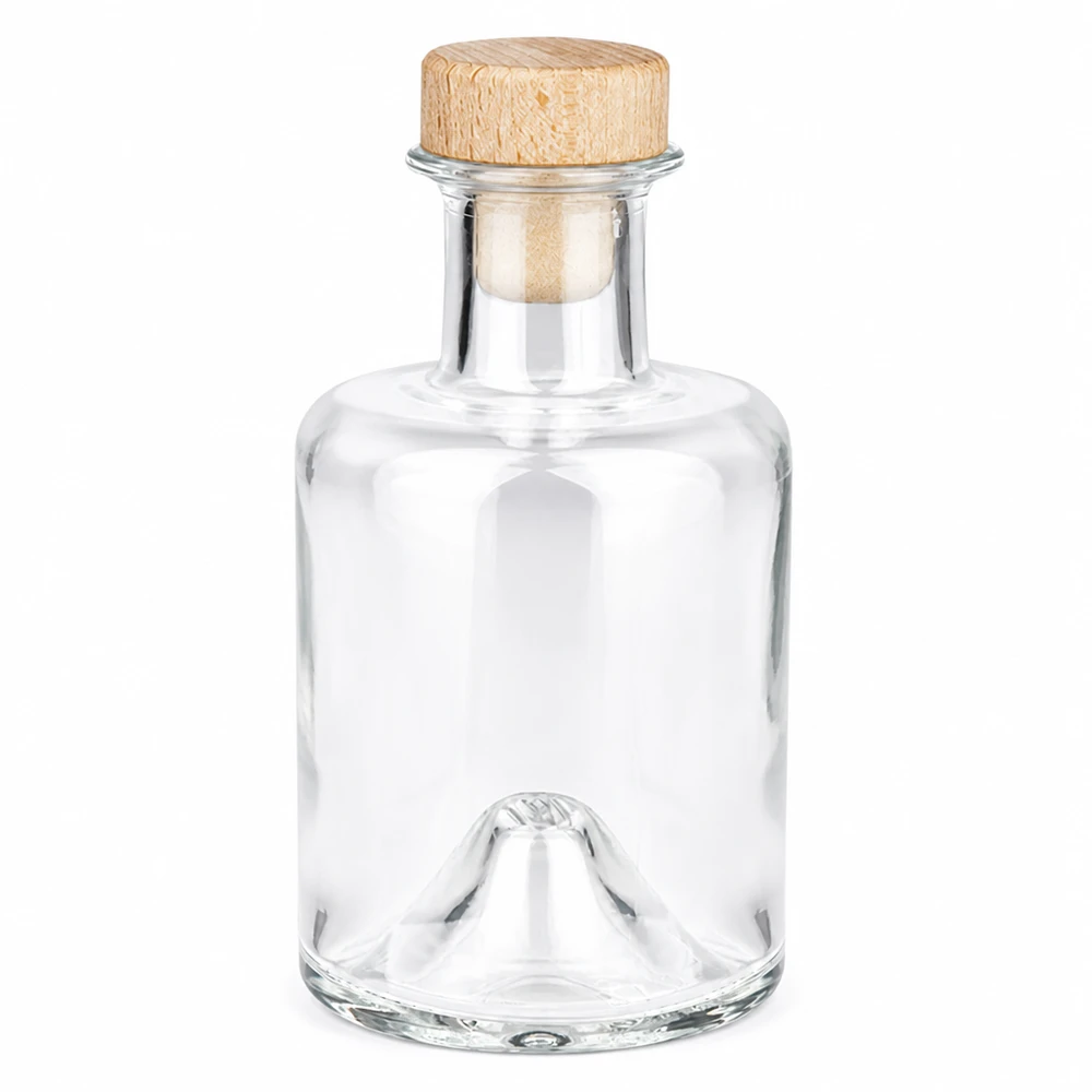 Flacone farmaceutico da 200 ml Sofia con tappo in sughero con impugnatura in legno UNiTWIST® Bottiglia di vetro Sofia da 200 ml con manico in legno e tappo in sughero UNiTWIST trasparente vuoto Foto del prodotto su sfondo bianco