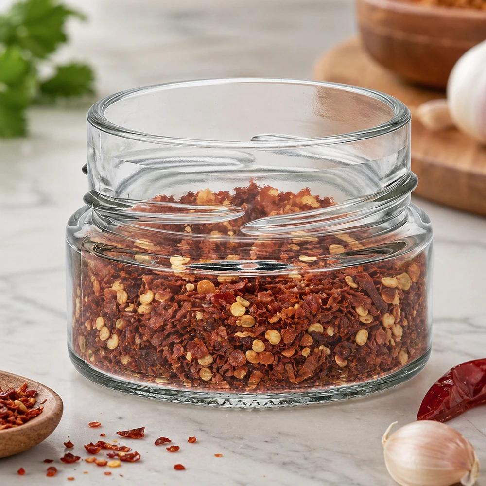 UNiTWIST Runda80 - Barattolo rotondo capacità 80ml TO58profondo UNiTWIST Runda80 vaso rotondo 80ml TO58deep riempito di fiocchi di spezie rosse su piano di lavoro in marmo della cucina