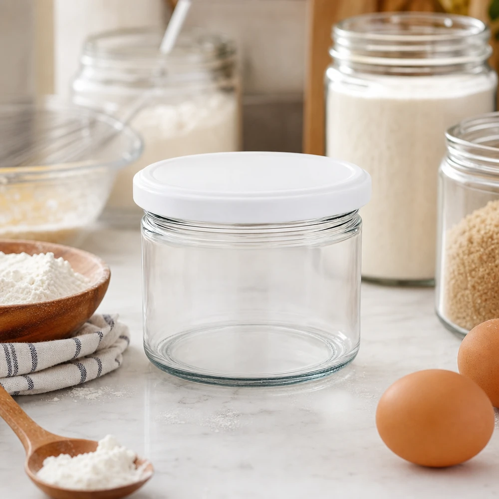 Barattolo rotondo da 540 ml con coperchio BasicSeal bianco UNiTWIST 540ml Rundglas BasicSeal weiß in stylischer Küche mit Backzutaten - elegantes Vorratsglas für Mehl und Backen