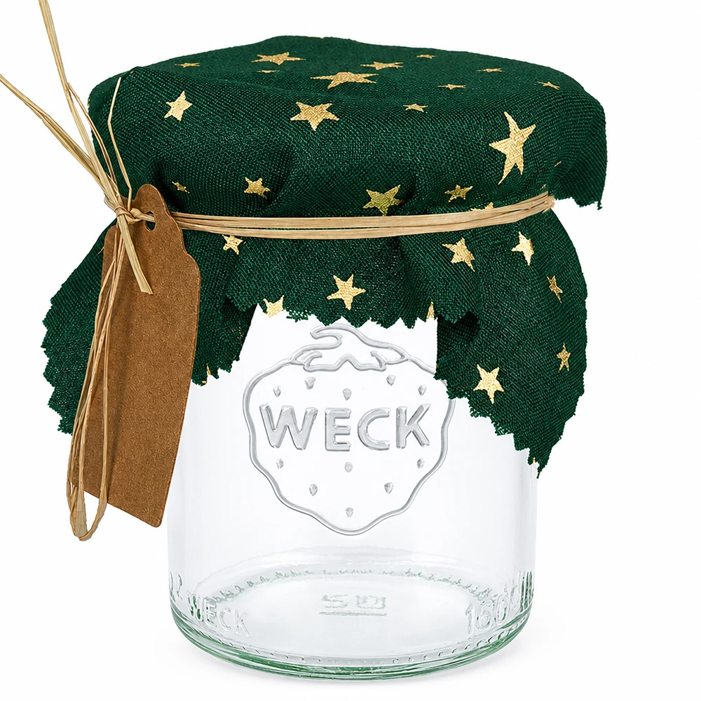 Centrino per gioielli in tessuto verde "stelle" 12cm quadrato Centrino in tessuto verde con stelle dorate su vaso da conserva, quadrato 12 cm, centrino decorativo per vasi da conserva
