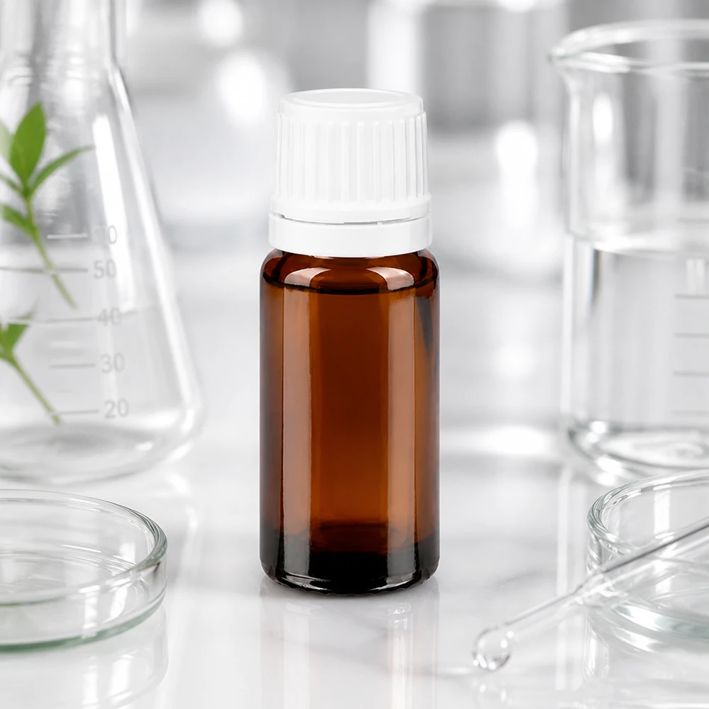 Flacone in vetro da 10 ml color ambra con tappo a vite bianco e un sottile beccuccio da 0,7 mm