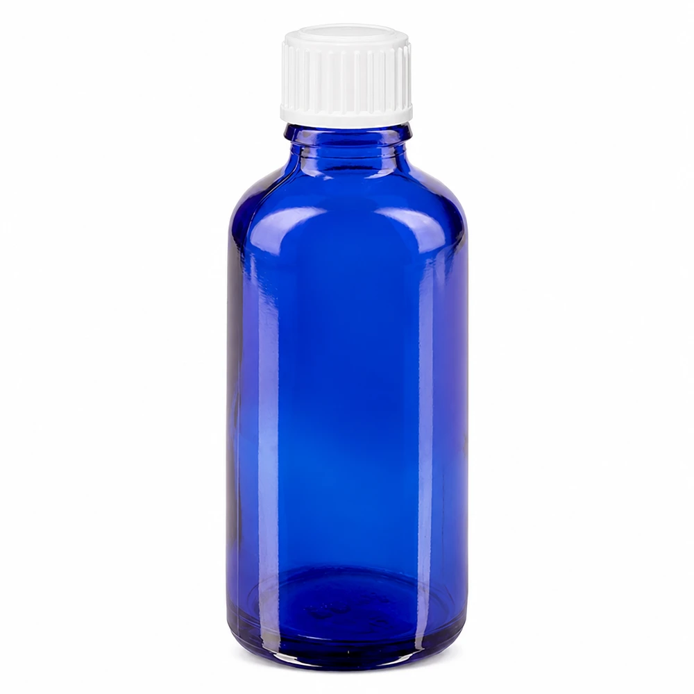 Flacone contagocce blu 50ml STD bianco/0,9mm ApoGlas Flacone in vetro blu da 50 ml con tappo contagocce bianco, realizzato in vetro ApoGlas di alta qualità per farmacie
