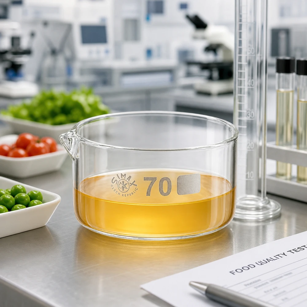 Cristallizzatore da 100 ml con beccuccio Bo.. ø70mm Vaschetta di cristallizzazione Simax da 70 mm con contenuto giallo su un piano di lavoro da laboratorio in acciaio inossidabile accanto ad alimenti