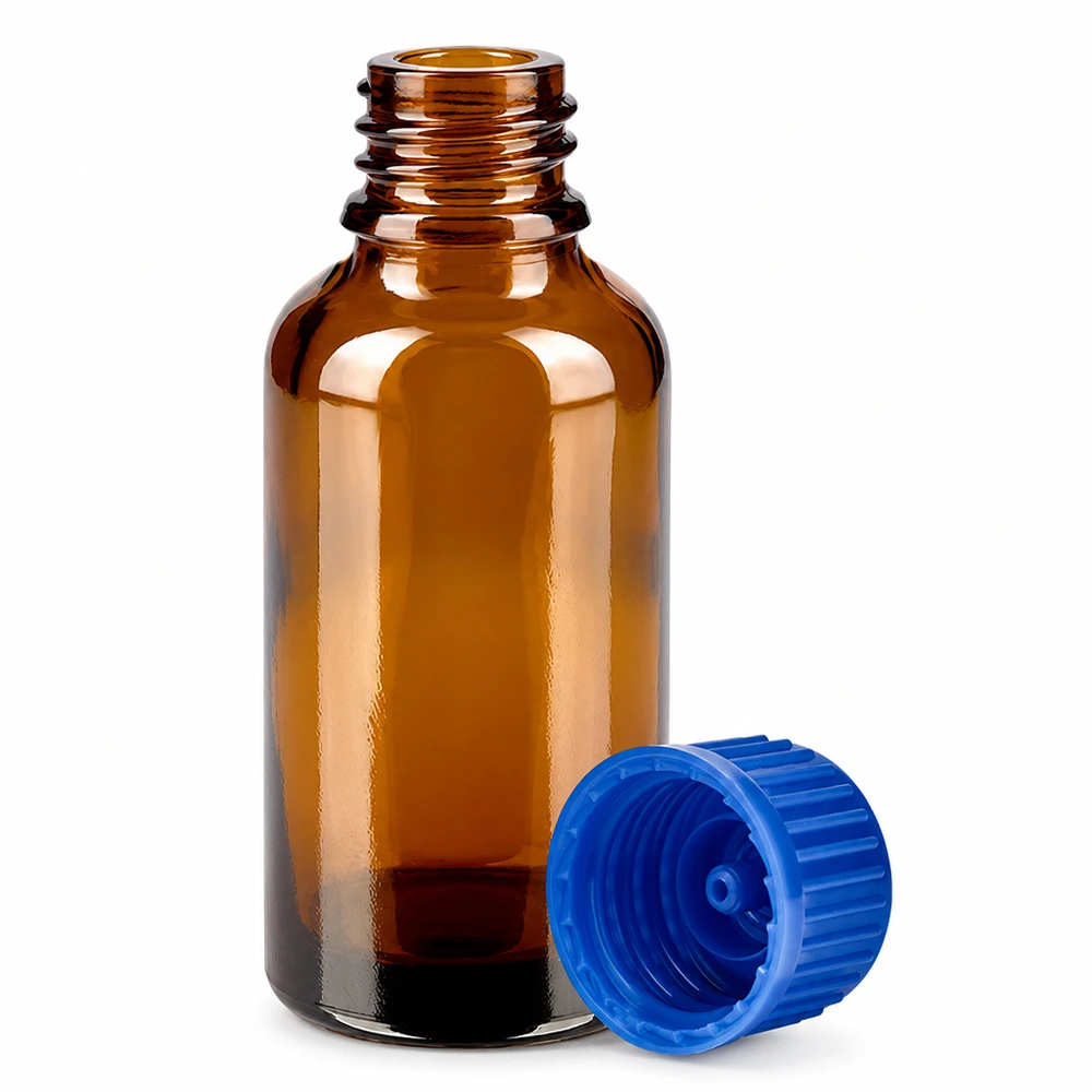 Bottiglia da 30ml 11mm SV blu STD BrownLine UT18/30 Bottiglia da farmacia di alta qualità da 30 ml in vetro ambrato con tappo di sicurezza blu
