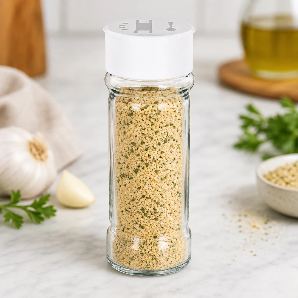 Barattolo per sale/spezie da 100 ml con doppio dosatore, bianco Barattolo in vetro trasparente da 100 ml con coperchio in plastica bianca, contenente sale all'aglio ed erbe aromatiche