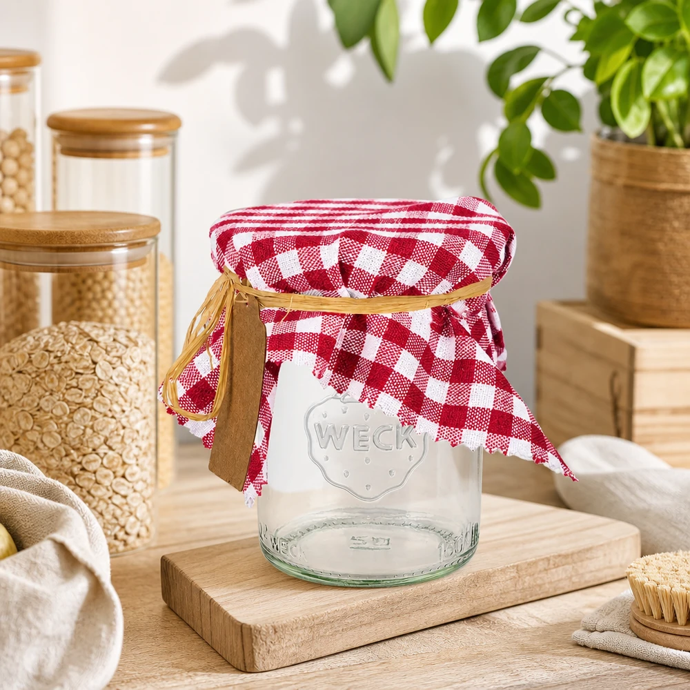 Centrino in tessuto a scacchi bordeaux su un vaso da conserva in una cucina scandinava con accessori in legno e piante verdi