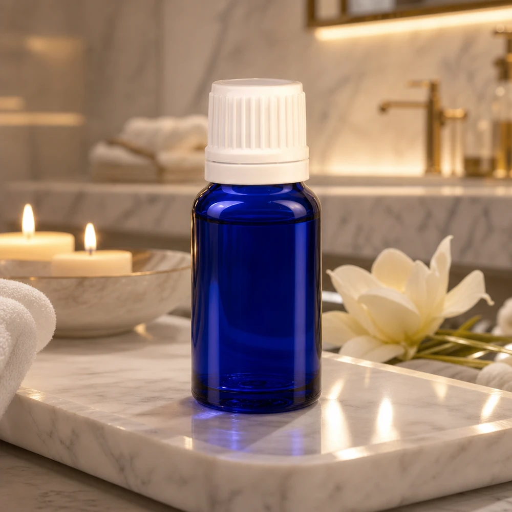 Flacone contagocce blu da 10ml OV bianco/0,7mm ApoGlas Flacone da farmacia da 10 ml in blu cobalto con tappo di sicurezza per bambini bianco su sfondo marmorizzato