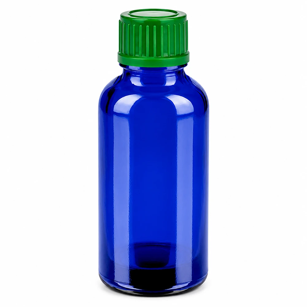 Flacone da 30ml 11mm SV verde STD BlueLine UT18/30 Flacone blu compatto da 30 ml con tappo a vite verde, ideale per i viaggi e gli spostamenti