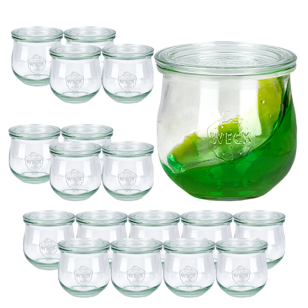 Set di 18 vasetti Weck da 370 ml con 18 coperchi in vetro Set di 18 vasetti Weck da 370 ml con 18 coperchi in vetro