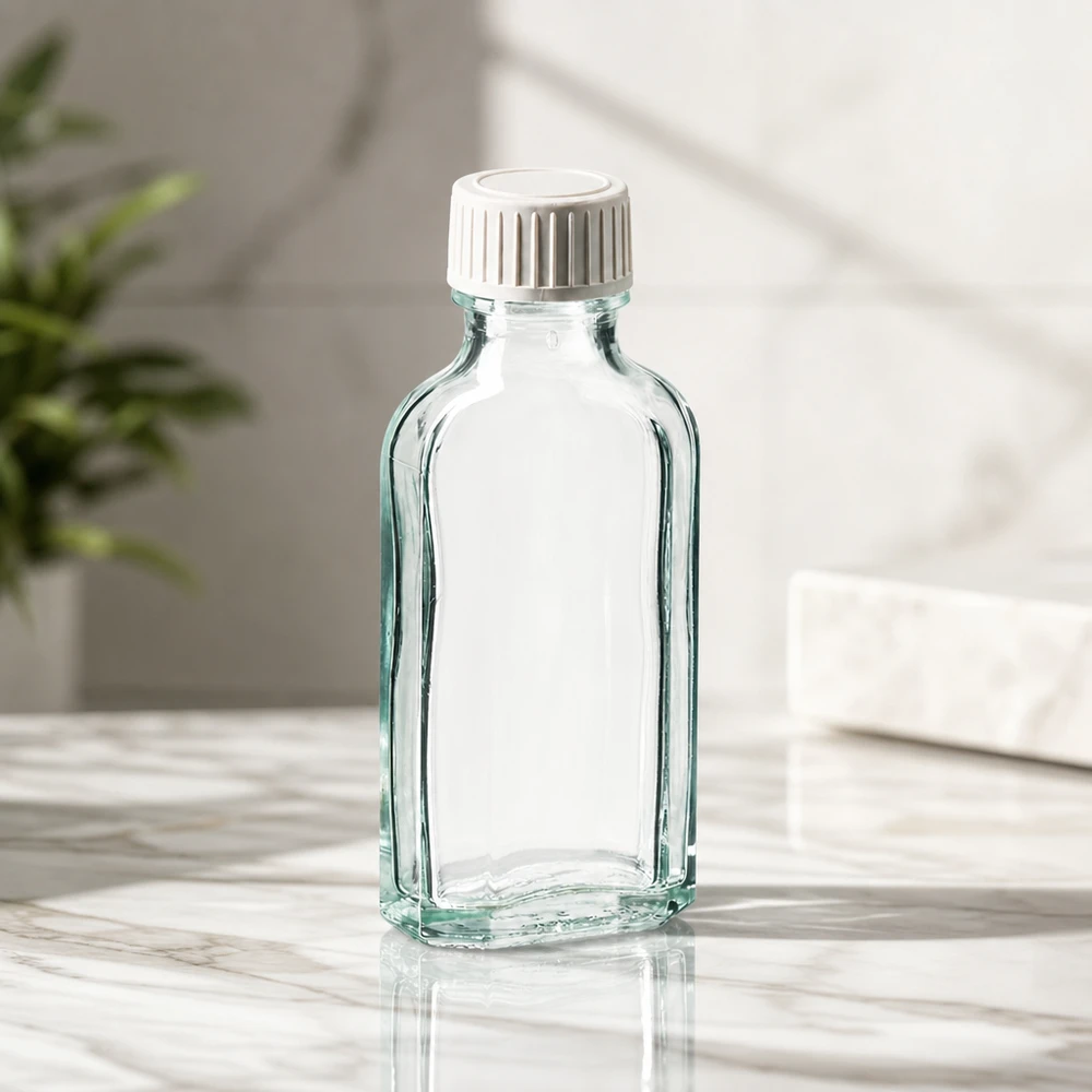 Flacone Meplat trasparente vuoto da 50 ml con inserto in schiuma di PE su superficie in marmo