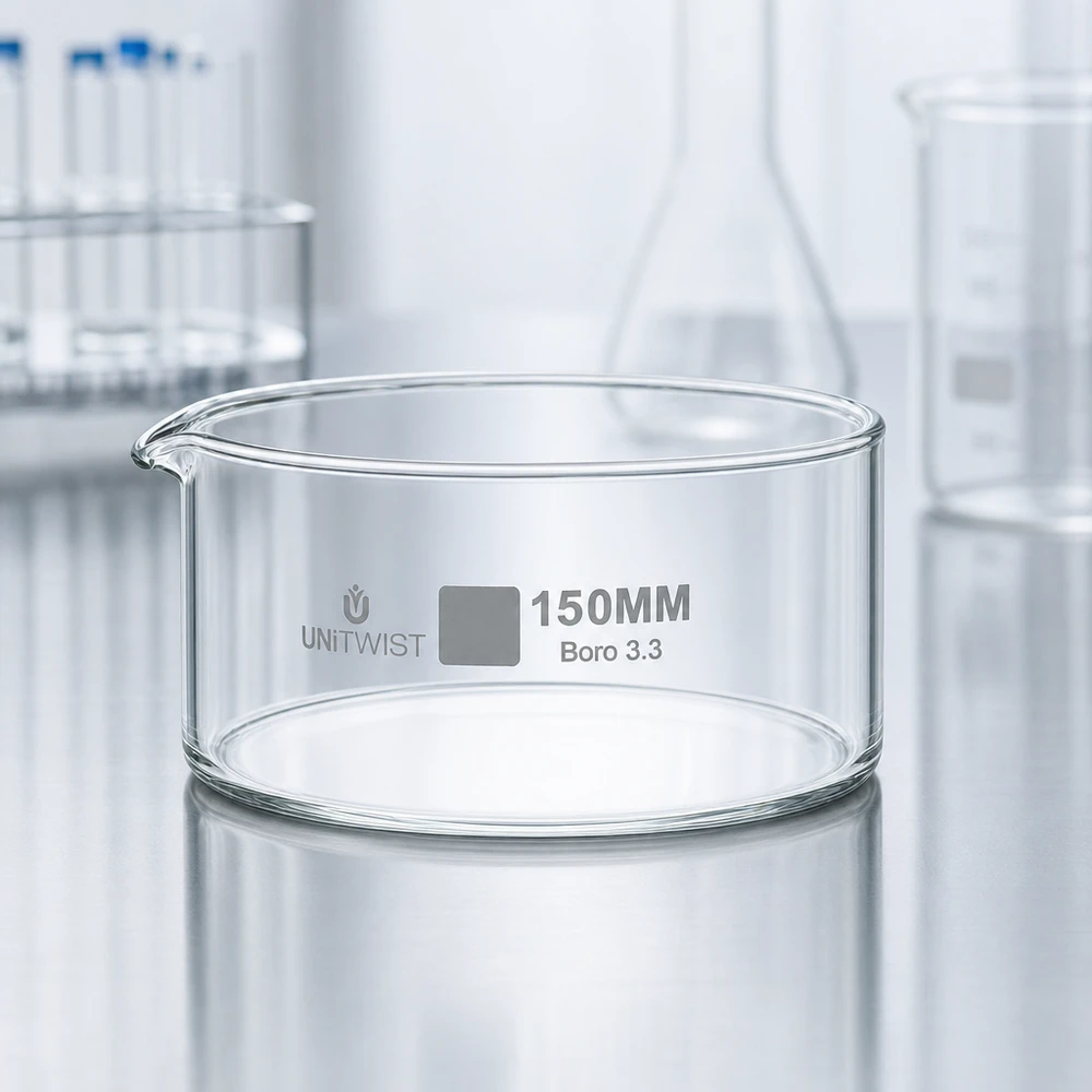 Piatto per cristallizzare ø150mm in vetro borosilicato UNiTWIST Ciotola per cristallizzazione da 150 mm UNiTWIST Boro 3.3, vetro borosilicato trasparente, resistente al calore e agli agenti chimici