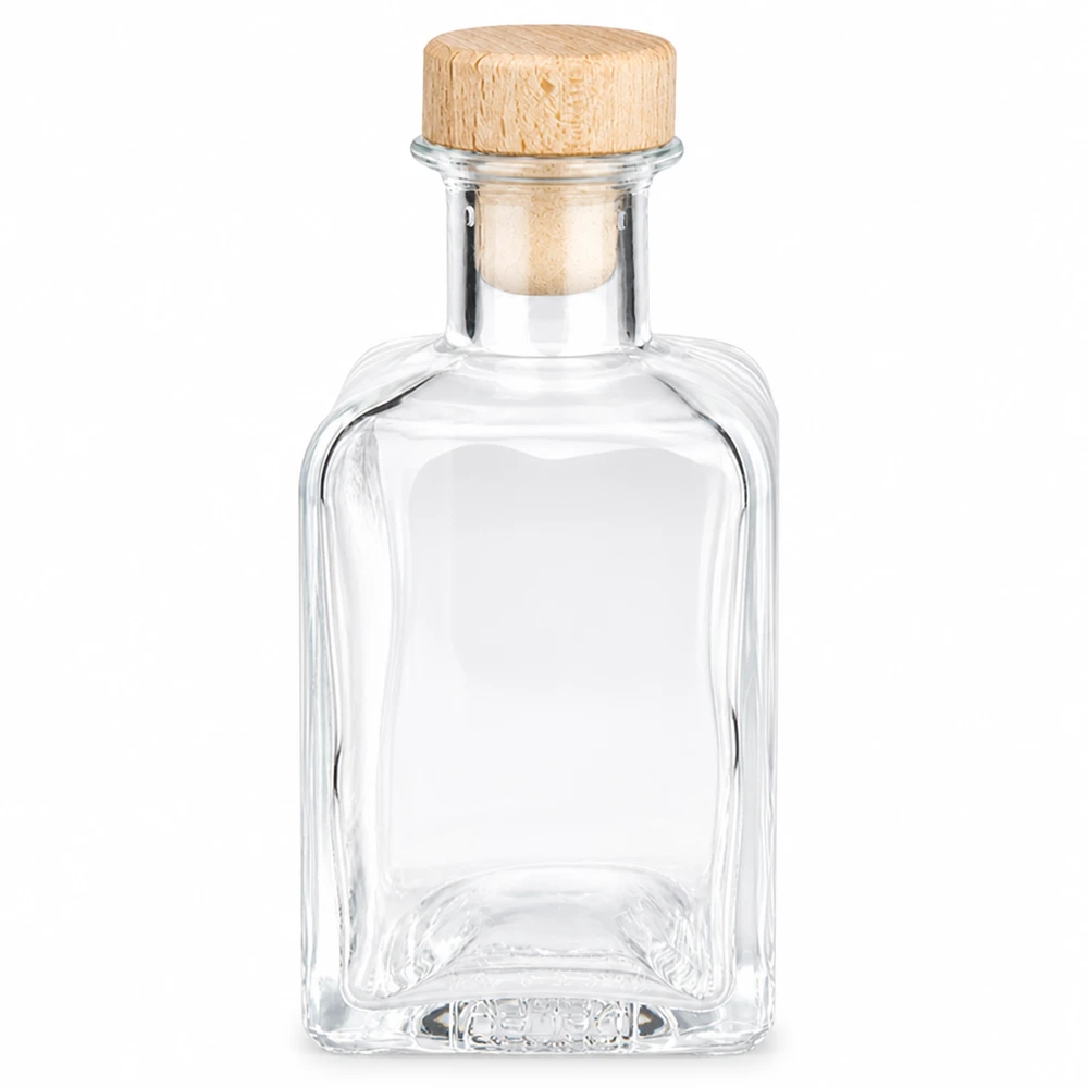 Bottiglia di vetro Clara da 200 ml con tappo di legno vuoto trasparente rettangolare tappo di sughero bottiglia decorativa