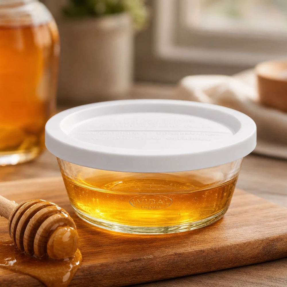 WECK RR120 vaso gourmet da 300 ml riempito di miele su una tavola di legno con cucchiaio da miele come esempio di utilizzo