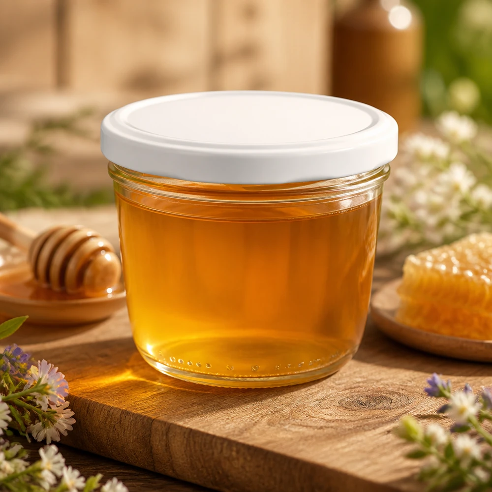 Bicchieri da 230 ml con coperchio BasicSeal bianco UNiTWIST Bicchieri da 230 ml riempiti di miele su una tavola di legno - perfetti per l'apicoltura e la conservazione di alimenti naturali