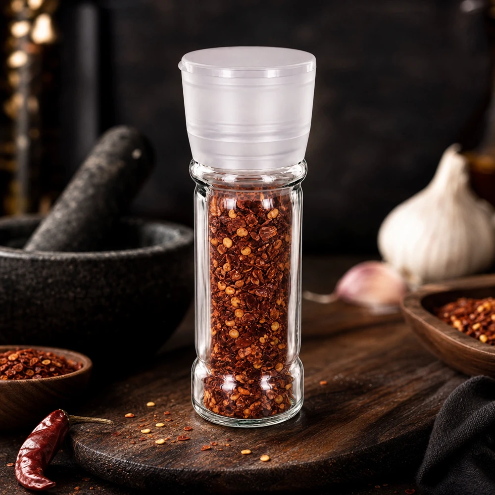 Barattolo per sale/spezie da 100 ml con macinino Vario bianco Barattolo trasparente in vetro da 100 ml con macinino bianco, riempito con fiocchi di peperoncino rosso e semi