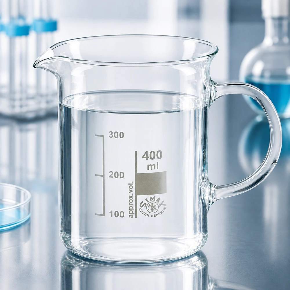 Becher da laboratorio trasparente da 400 ml con manico e beccuccio, realizzato in vetro borosilicato resistente alle alte temperature