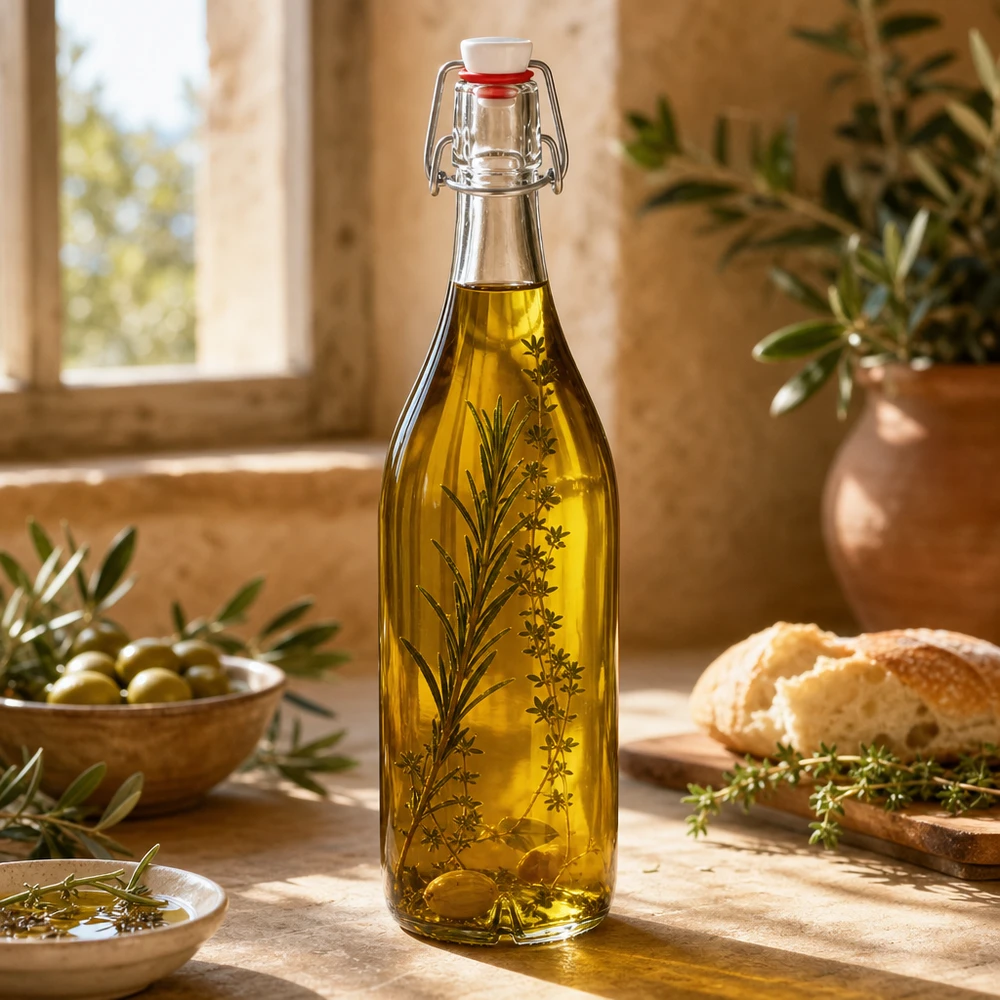 Bottiglia di vetro da 1000 ml con tappo oscillante riempita di olio d'oliva ed erbe aromatiche Cucina mediterranea Applicazione lifestyle