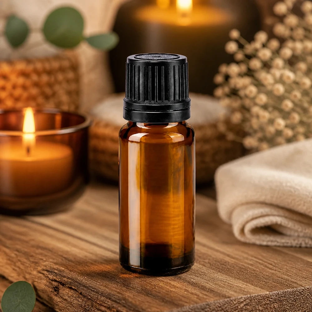 Flacone contagocce marrone da 10ml OV nero/1mm ApoGlas Fiaschetta di vetro marrone da 10 ml con tappo OV nero, tra candele e decorazioni naturali su legno