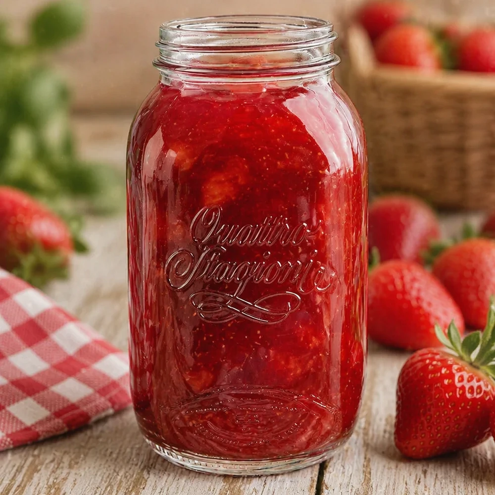 Bicchiere da 1500ml per uso domestico "Quattro Stagioni Vasetto casalingo Quattro Stagioni da 1500 ml pieno di marmellata di fragole circondato da fragole fresche su un tavolo di legno