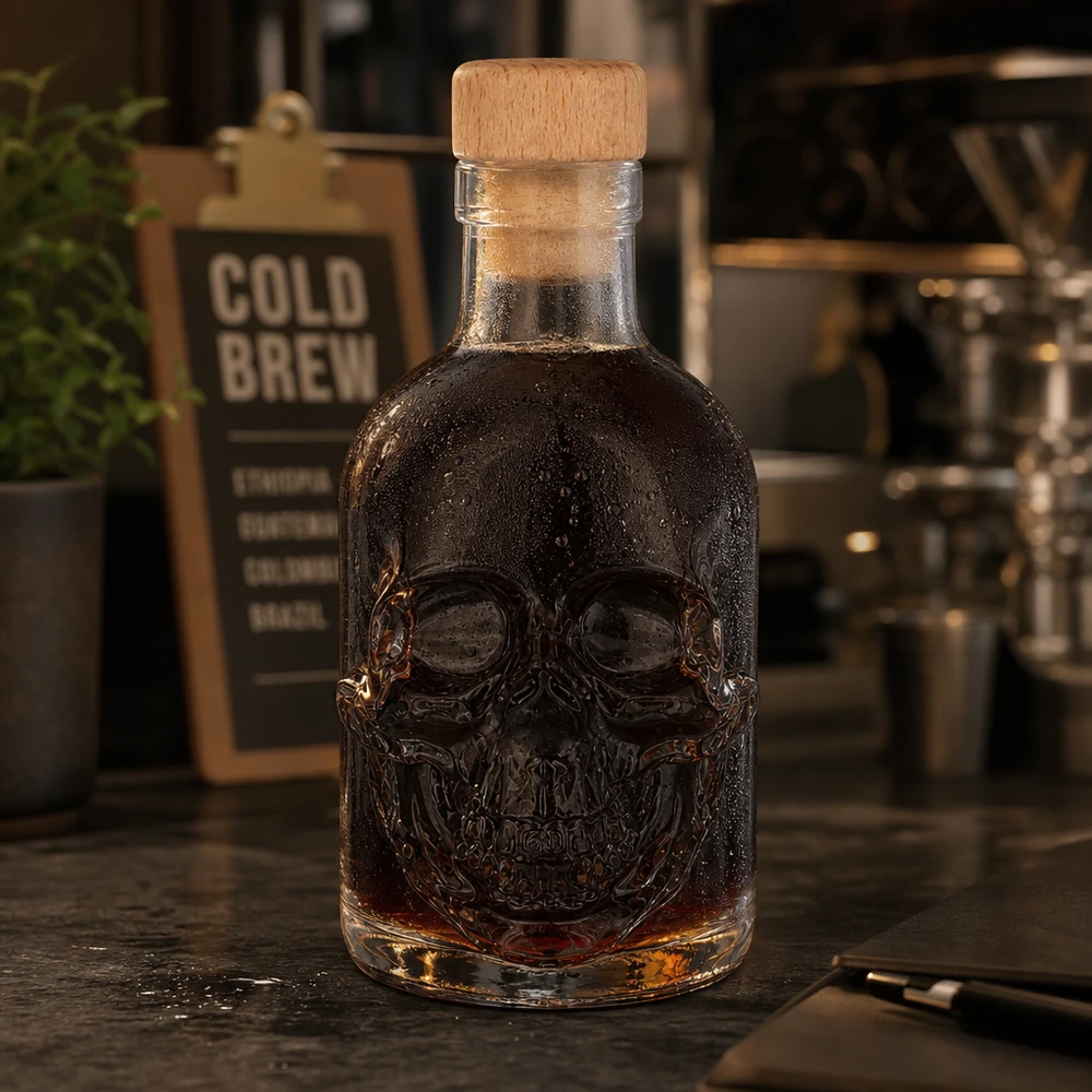Bottiglia di vetro con teschio di Jack 200ml con spirito scuro in un'atmosfera da caffè, insegna cold brew sullo sfondo