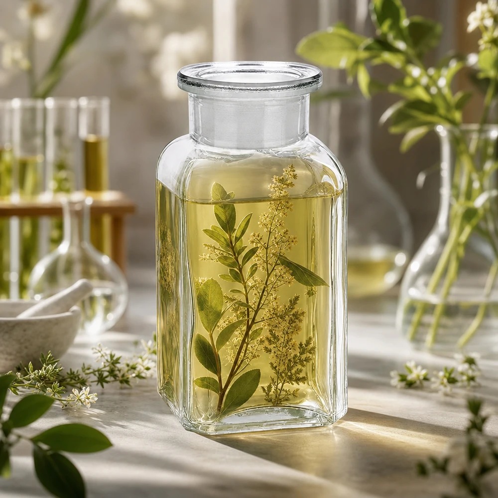 Flacone quadrato trasparente da 100 ml con estratto di erbe e fiori bianchi in ambiente di laboratorio