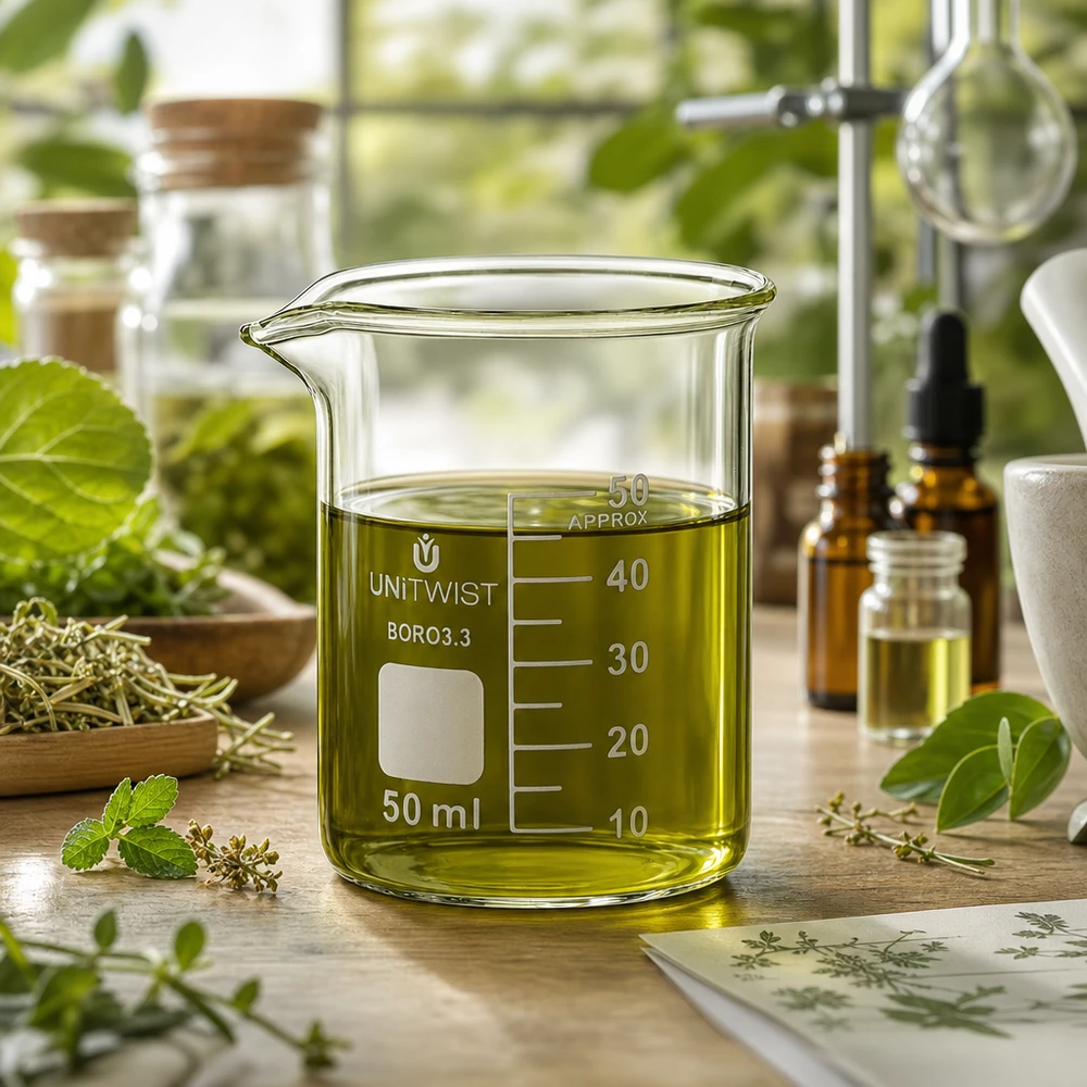 Bicchiere da laboratorio da 50 ml UNiTWIST, modello basso, con olio alle erbe di colore giallo-verde, con livello di riempimento fino a 40 ml, presso Naturlabor