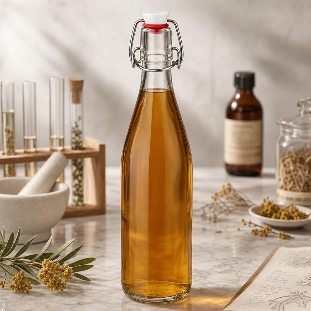 Bottiglia di vetro da 500 ml + tappo oscillante in porcellana UNITWIST Bottiglia di vetro da 500 ml con liquido dorato nel laboratorio di cosmesi naturale accanto a erbe e olii