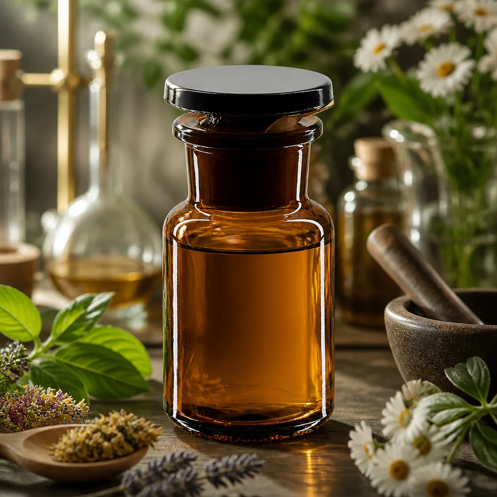 Bottiglia a spalla tonda 50ml marrone collo largo tappo in vetro Bottiglia di vetro ambrato da 50 ml a collo largo con tappo nero, tra erbe medicinali e strumenti da laboratorio
