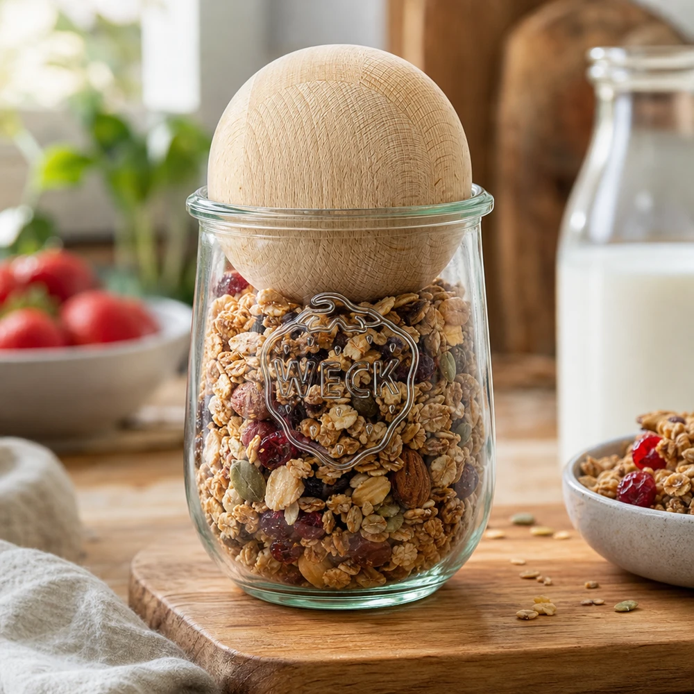 Barattolo WECK da 1062 ml RR100 con muesli e frutta secca mostra un pratico contenitore da cucina con sfera in legno di faggio