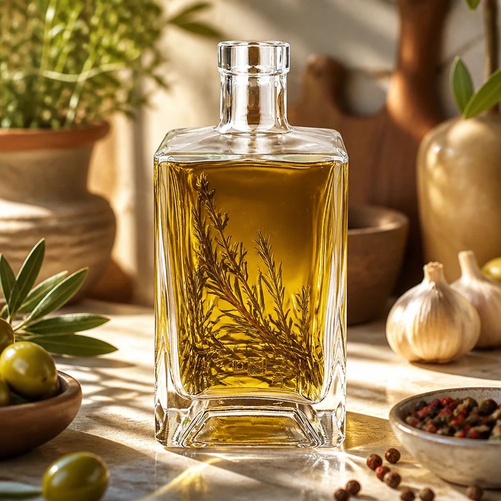 Flacone in vetro da 700 ml Ben senza tappo UNiTWIST® Bottiglia di vetro Ben 700ml riempita con olio d'oliva ed erbe aromatiche nella cucina mediterranea come esempio di utilizzo