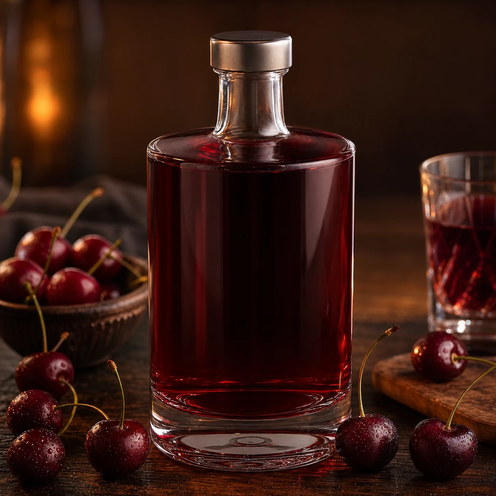 Bottiglia in vetro da 500 ml Sam e tappo a vite argento UNiTWIST® Bottiglia di vetro da 500 ml Sam riempita di liquore alla ciliegia tra le ciliegie fresche Momento di piacere nell'atmosfera accogliente del camino