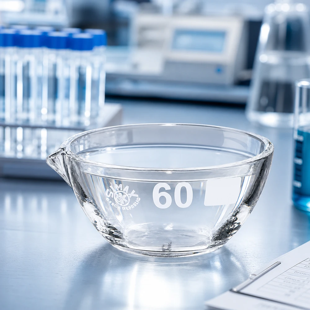 Piatto di evaporazione da 45ml con beccuccio in borosilicato ø60mm Pratico piatto di evaporazione da 60 mm e 45 ml, in borosilicato, con beccuccio per il processo di evaporazione.