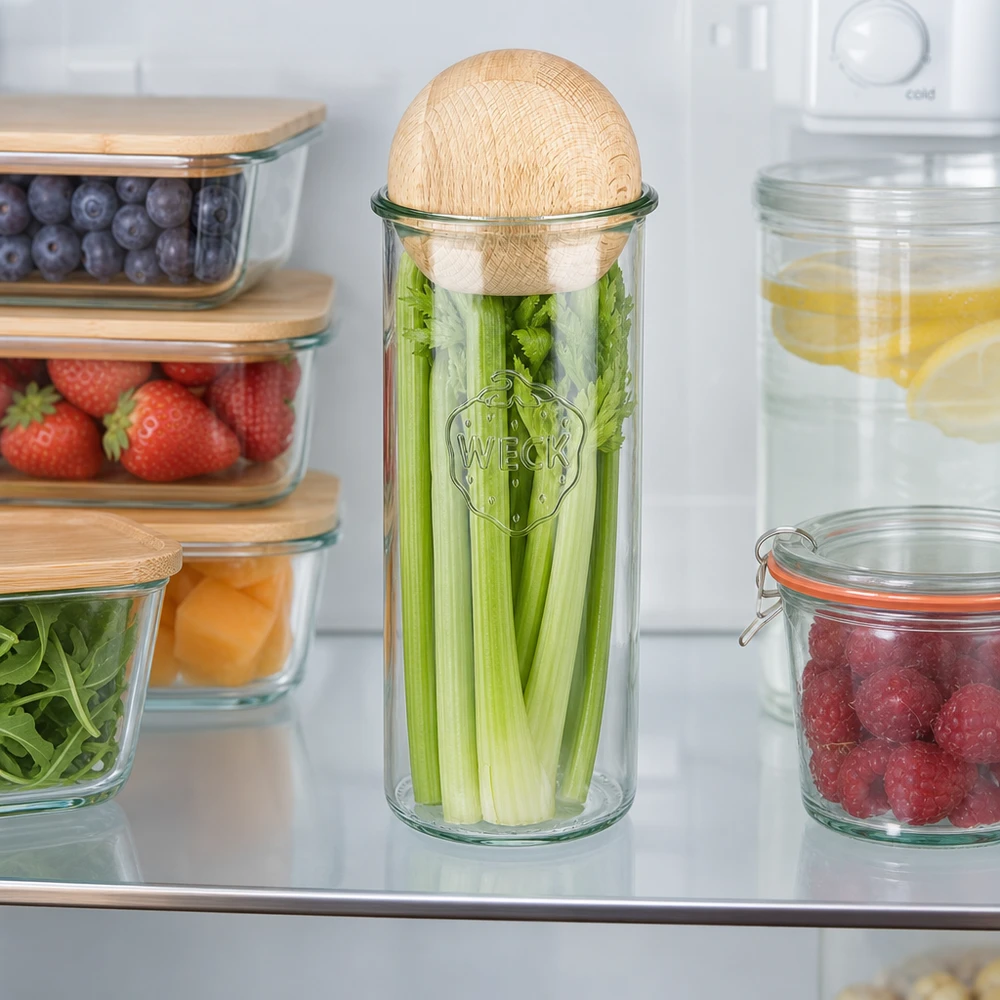 Bicchieri da 1500ml WECK RR100 con sfera in legno di faggio WECK RR100 1500ml bicchieri da frigo con sedano, coperchio a sfera in legno di faggio, mantiene le verdure fresche