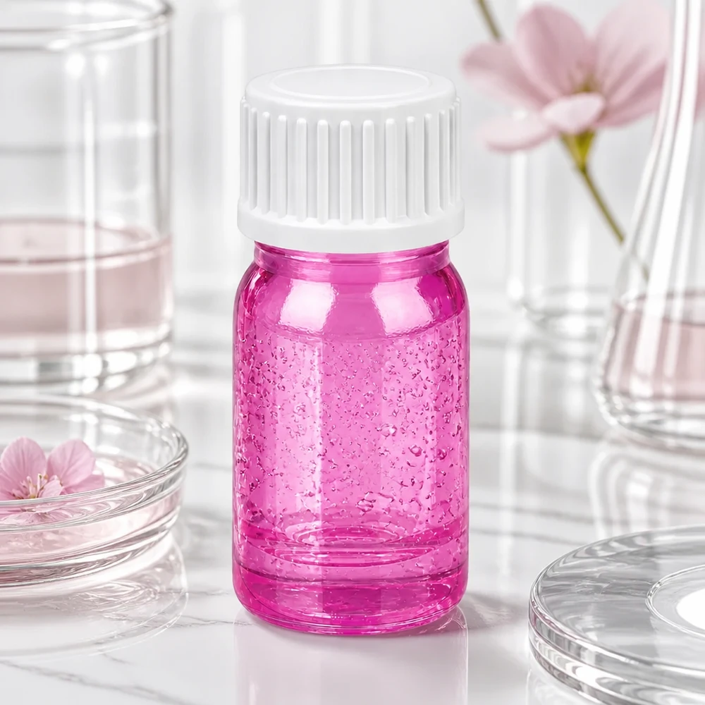Flacone da 5 ml (globuli) con anello di versamento bianco standard PurpleLine UT18/5 Pratico flacone in vetro da 5 ml nei toni del rosa con coperchio bianco, perfetto per le taglie da viaggio e i campioni.