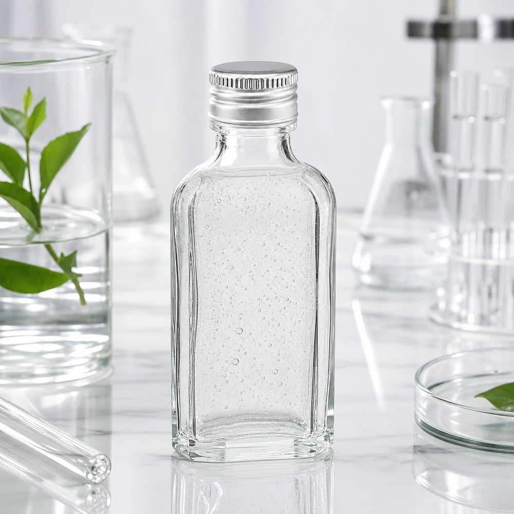 Ambiente di laboratorio con flacone in vetro Meplat da 50 ml trasparente e tappo in alluminio PP22 argentato su marmo
