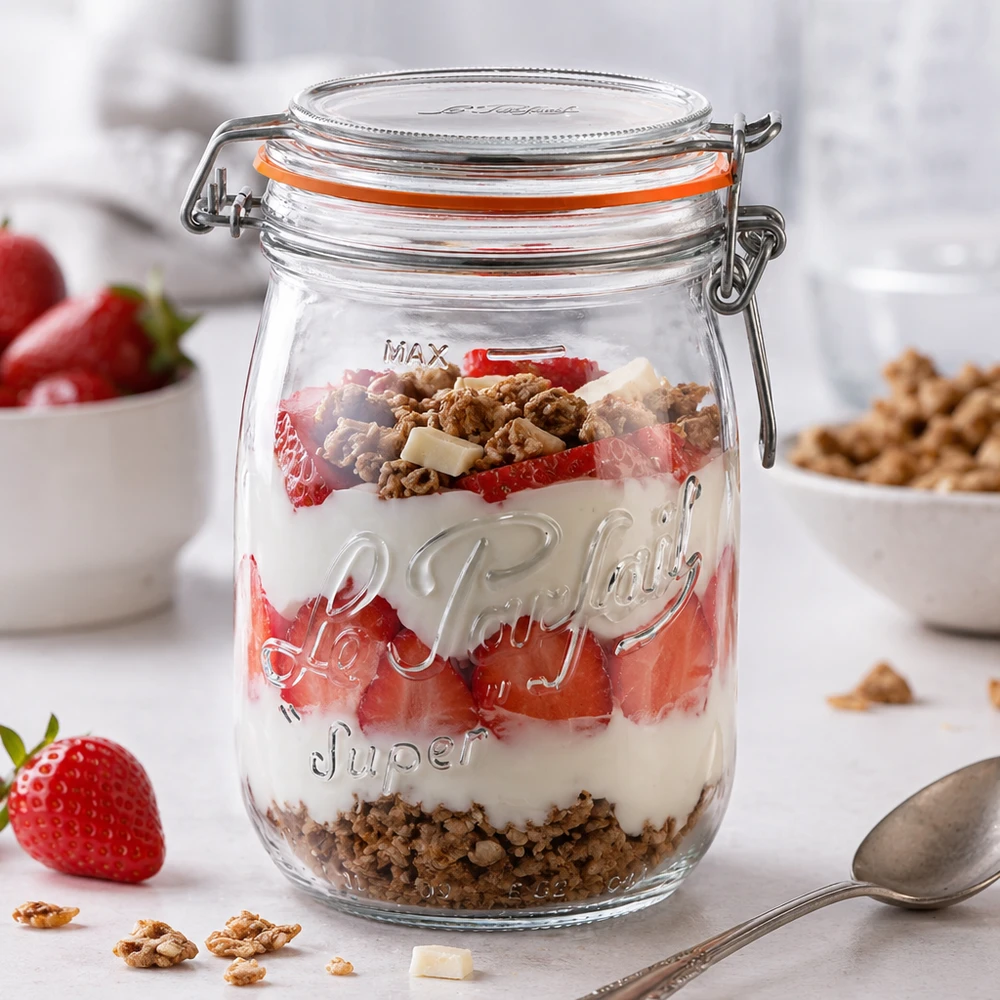 1000ml Le Parfait Super barattolo di conservazione con tappo girevole riempito con yogurt fragole e muesli per dessert