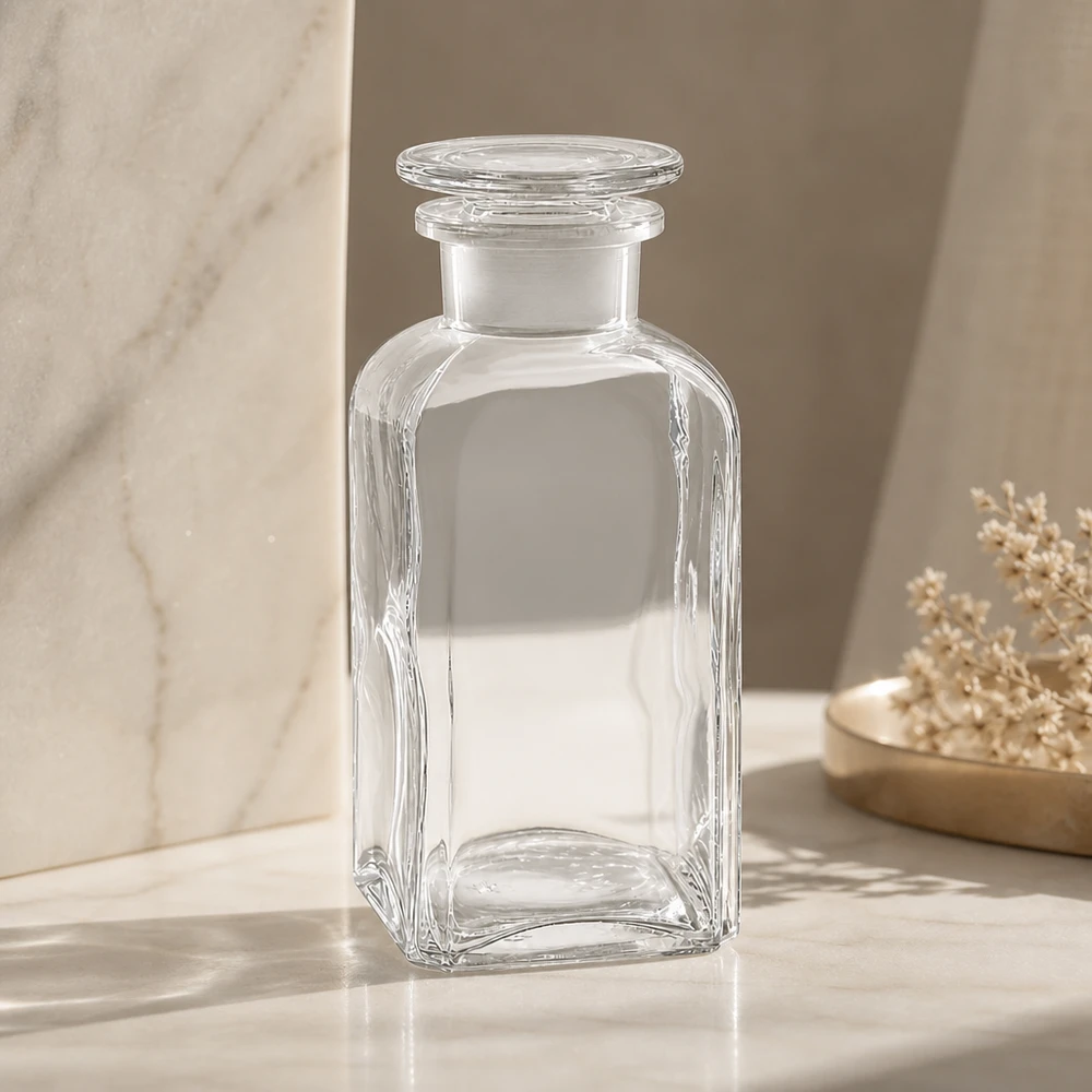 Bottiglia di vetro quadrata da 350 ml con tappo rotondo in vetro, a collo largo, trasparente, vuota