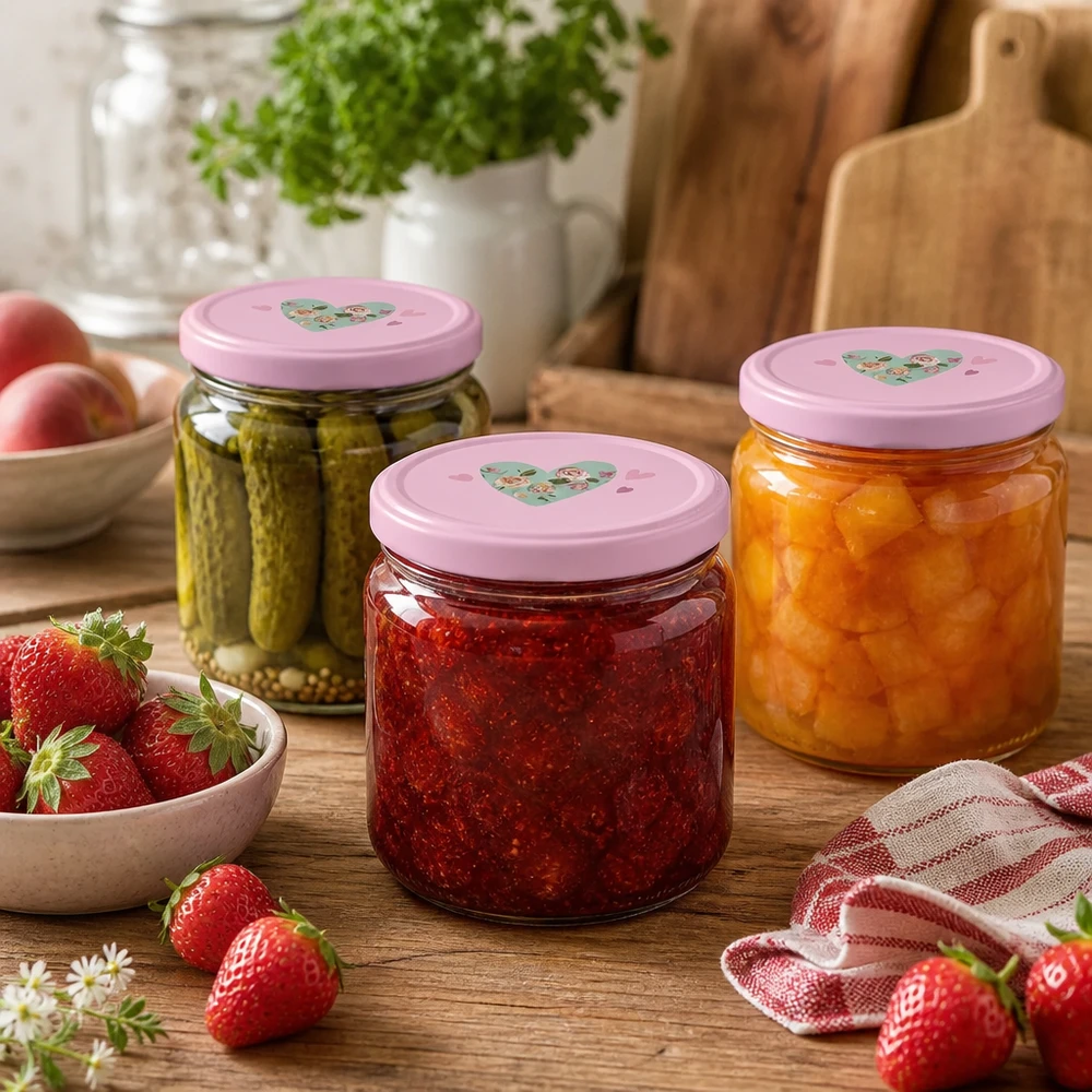 Tre vasetti rotondi da 330 ml con coperchi rosa BasicSeal a forma di cuore, riempiti con cetriolini, marmellata di fragole e marmellata di albicocche.