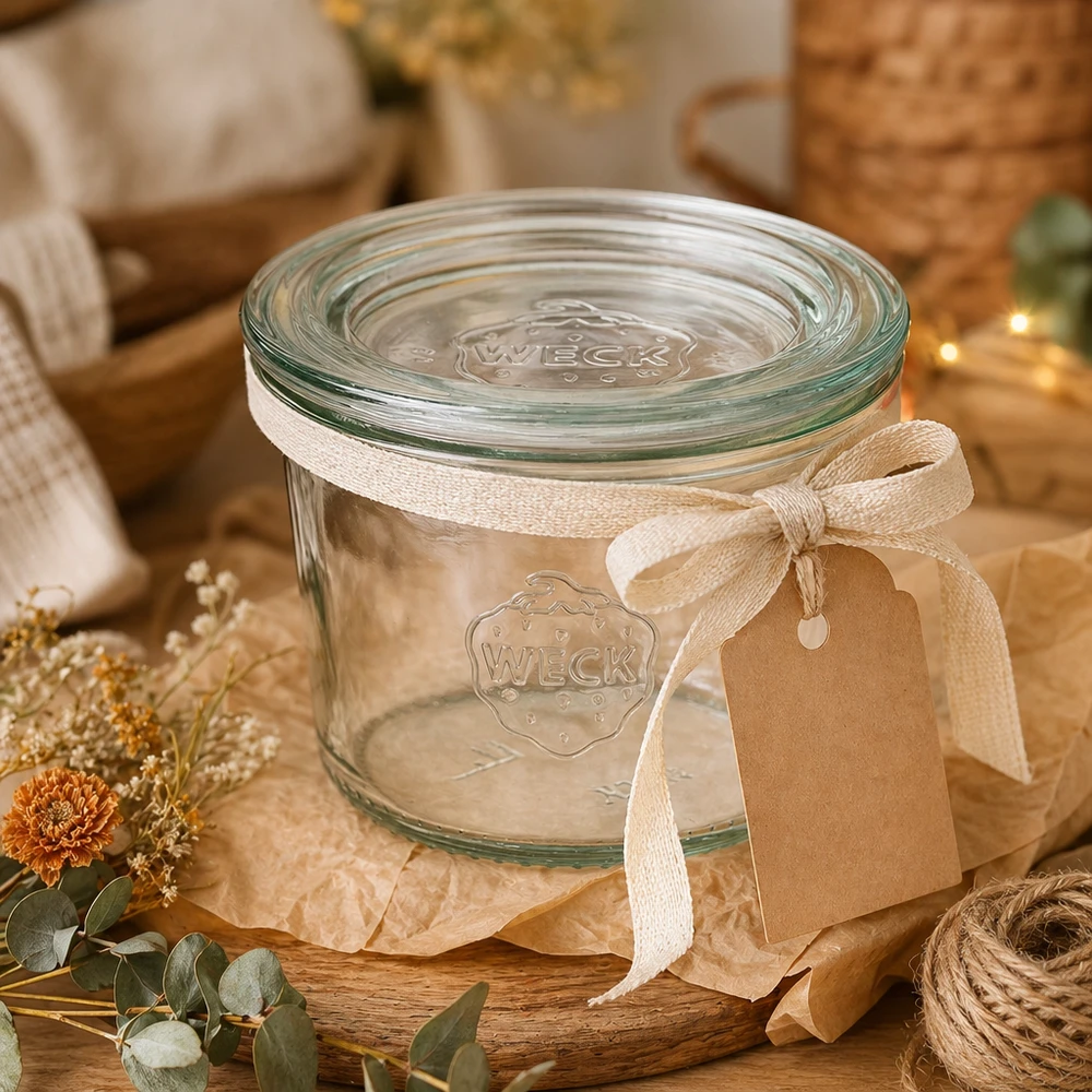 Barattolo di vetro da 80 ml con coperchio in vetro WECK RR60 Bicchieri WECK 80ml RR60 decorati con nastro regalo pendente e decorazioni autunnali su tavolo di legno
