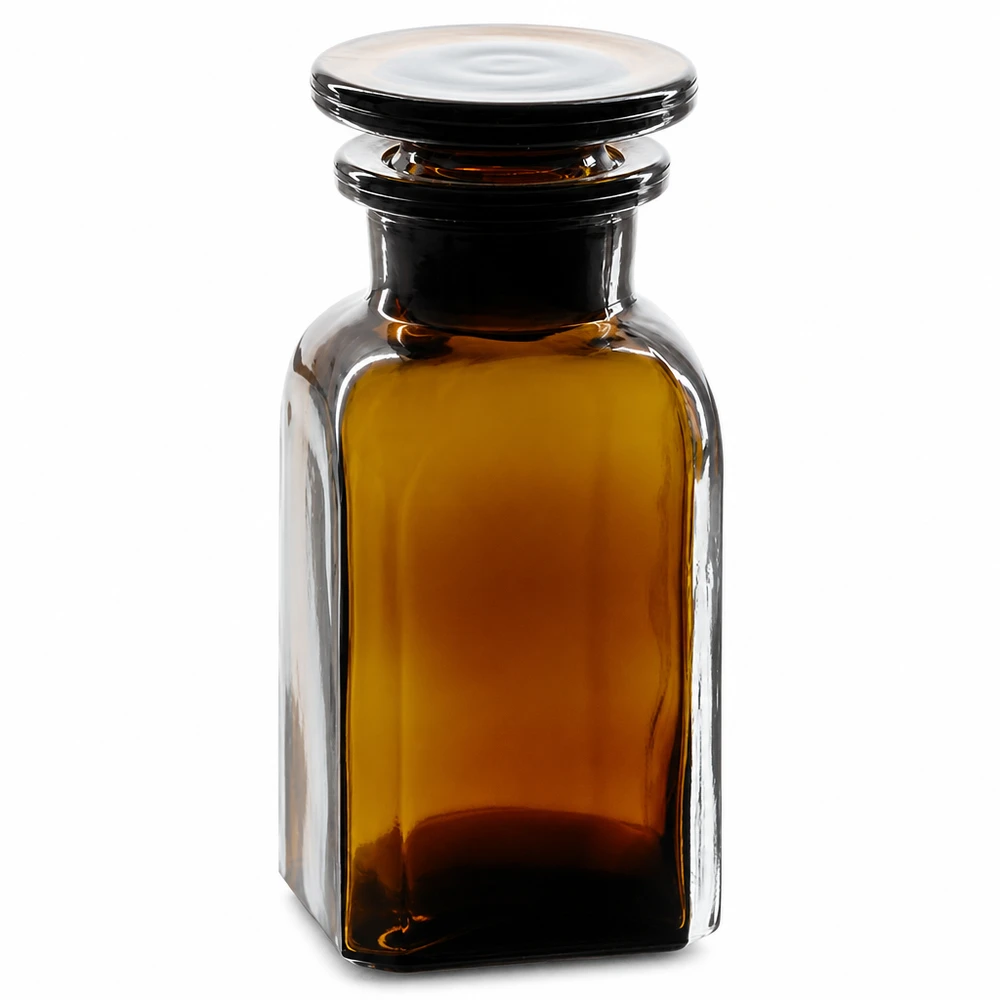 Bottiglia quadrata 100ml marrone a collo largo, tappo in vetro Flacone quadrato da 100 ml, marrone, con tappo in vetro, a collo largo, per laboratorio e farmacia