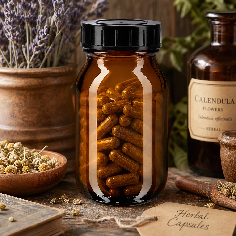 Bottiglia a collo largo in vetro ambrato da 100 ml con pratico tappo a vite per capsule e compresse