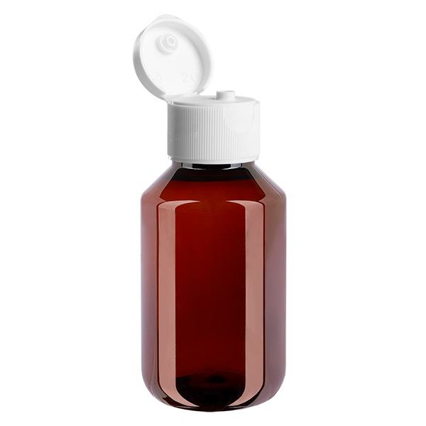 Bottiglia in PET da 100 ml con tappo bianco a ribalta Bottiglia in PET da 100 ml con tappo bianco a ribalta