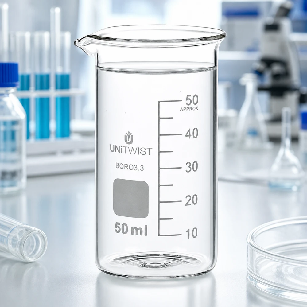 Becher vuoto da 50 ml, forma alta, borosilicato 3.3 UNITWIST su un piano da laboratorio bianco