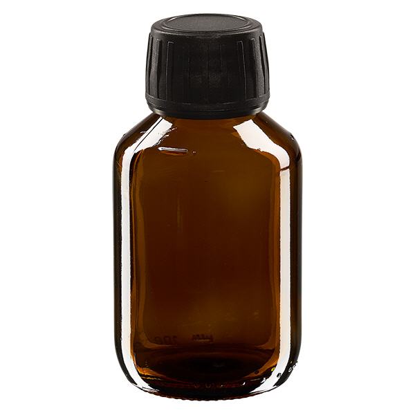 Flacone per medicinali da 100 ml, marrone, tappo nero con tappo originale Flacone per medicinali da 100 ml, marrone, tappo nero con tappo originale