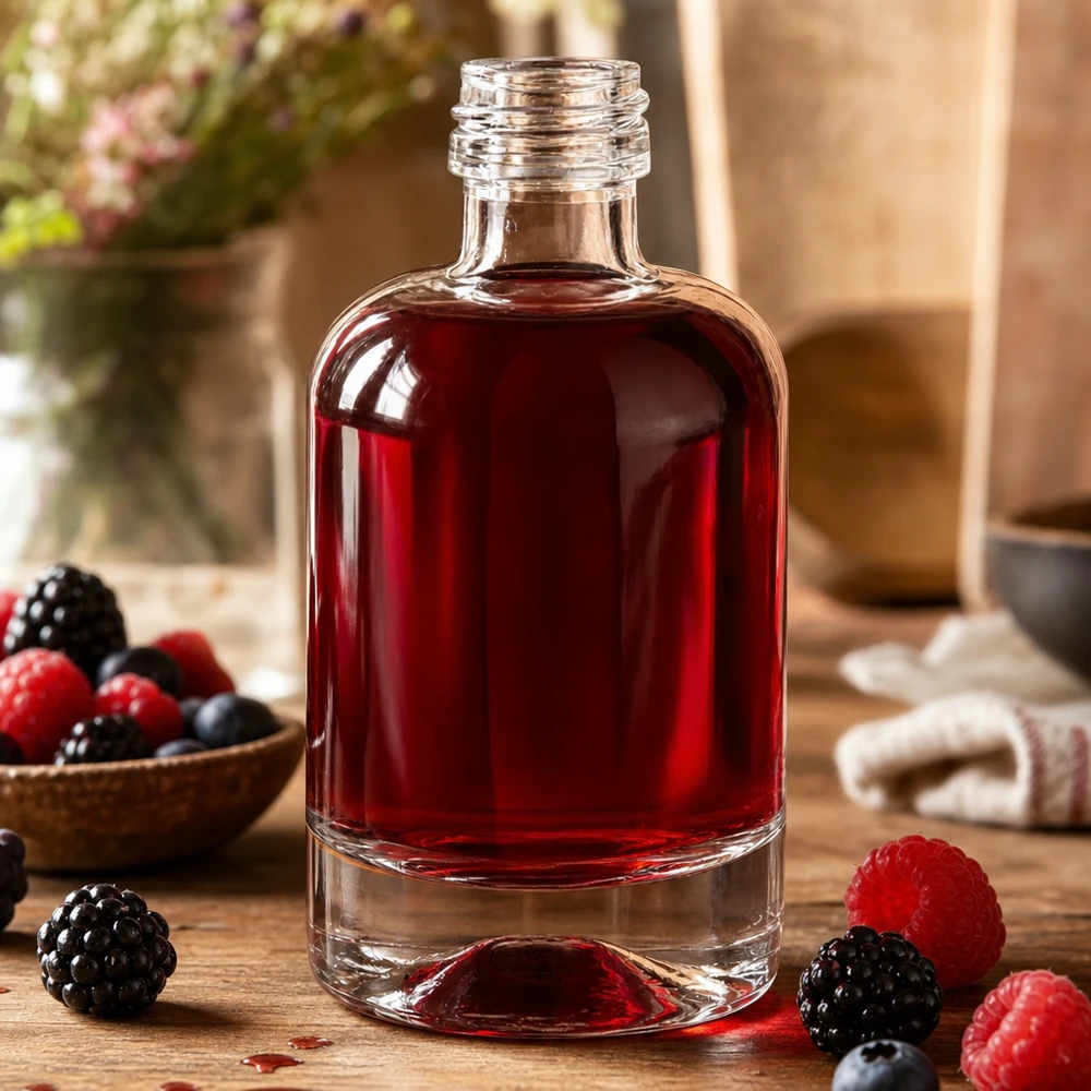 Bottiglia in vetro da 40 ml Sara senza tappo a vite UNiTWIST® Bottiglia di vetro da 40 ml di Sara riempita con liquore ai frutti rossi e circondata da bacche fresche come decorazione senza tappo